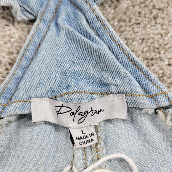 Polagram Overall Button Up Denim Jumpsuit Womens L Blue Light Wash Ruffle Straps - Picture 12 of 16